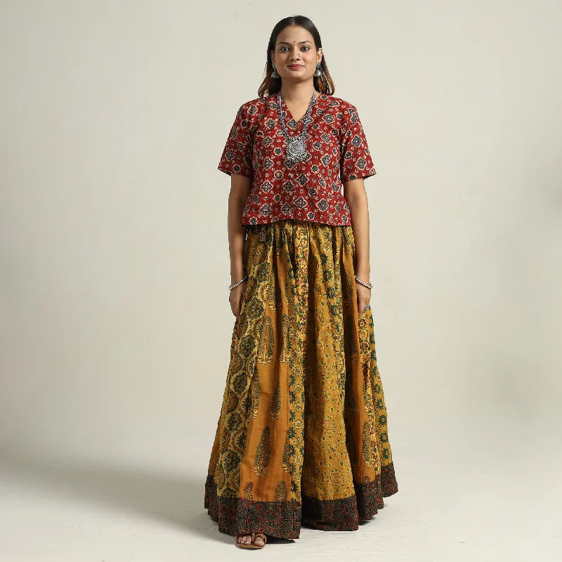 Women's Comfy Attire For Lounging Yellow - Ajrakh Block Printed 24 Kali Patchwork Cotton Long Skirt 67