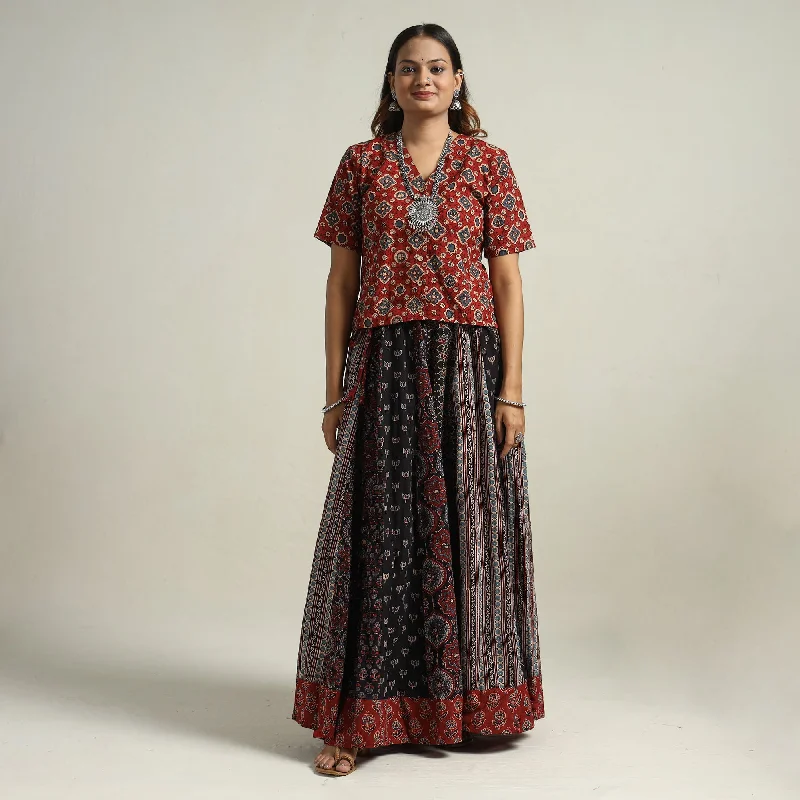 Stylish Women's Apparel Black - Ajrakh Block Printed 24 Kali Patchwork Cotton Long Skirt 07