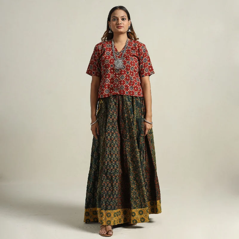 Women's Office Attire Green - Ajrakh Block Printed 24 Kali Patchwork Cotton Long Skirt 78