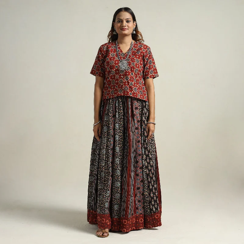 Chic And Comfortable Black - Ajrakh Block Printed 24 Kali Patchwork Cotton Long Skirt 08