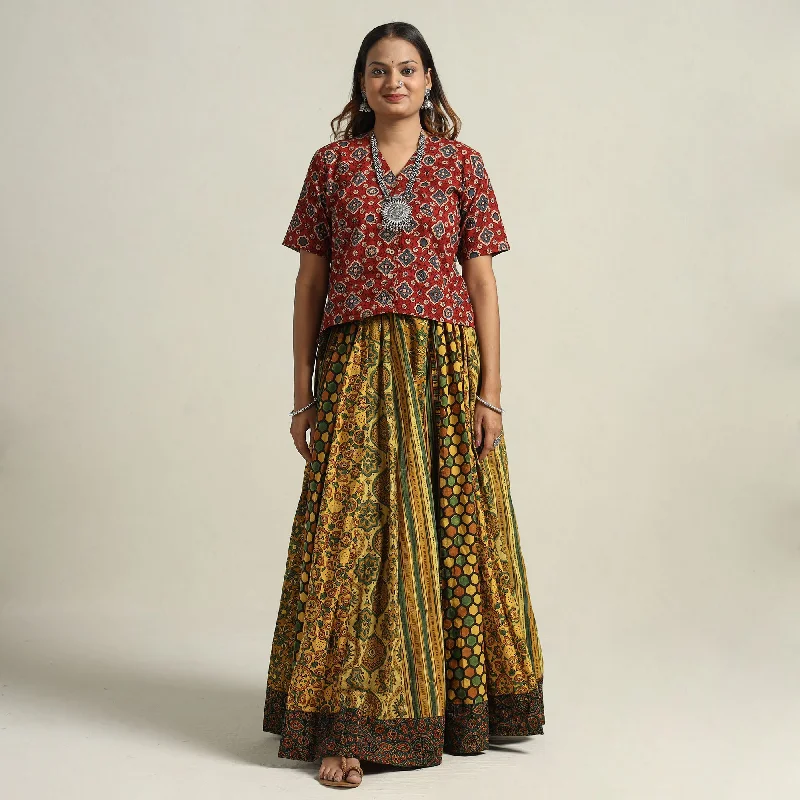 Stylish Women's Attire Yellow - Ajrakh Block Printed 24 Kali Patchwork Cotton Long Skirt 80