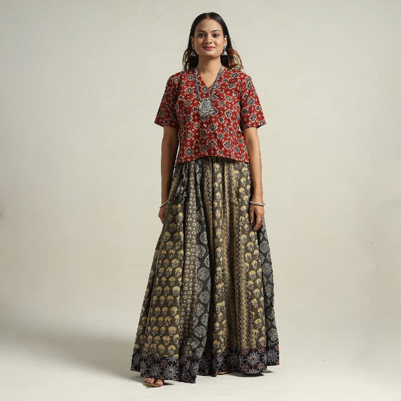 Casual Chic Clothing Brown - Ajrakh Block Printed 24 Kali Patchwork Cotton Long Skirt 09