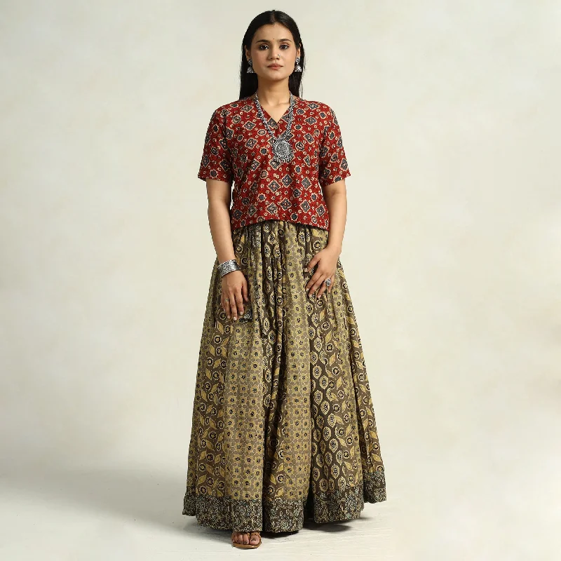 Women's Stylish Outdoor Outfit Brown - Kutch Block Printed 24 Kali Cotton Long Skirt 12