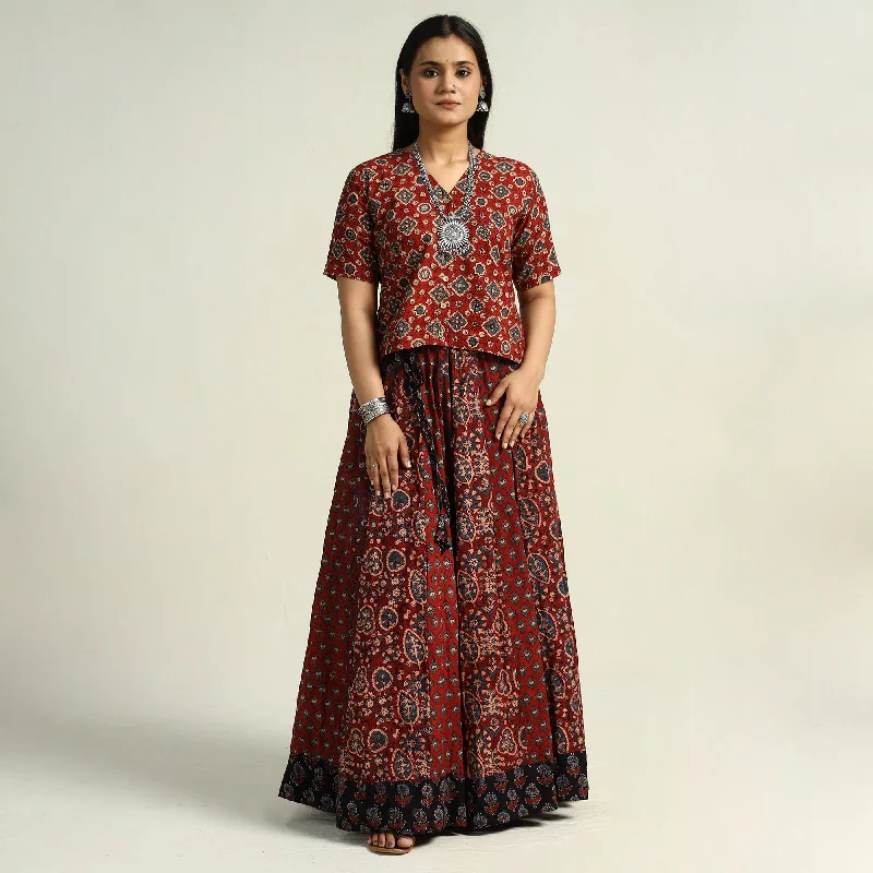 Women's Elegant Evening Outfit Red - Kutch Block Printed 24 Kali Cotton Long Skirt 20