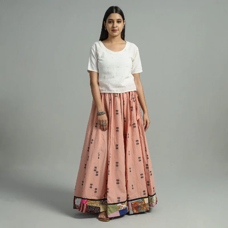 Women's Evening Wear Attire Peach - Jacquard Patchwork 24 Kali Cotton Long Skirt 20