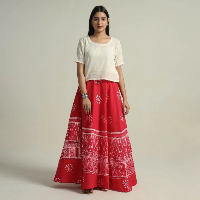 Women's Wedding Apparel Pink - Hand Batik Printed Running Stitch Cotton Long Skirt 16