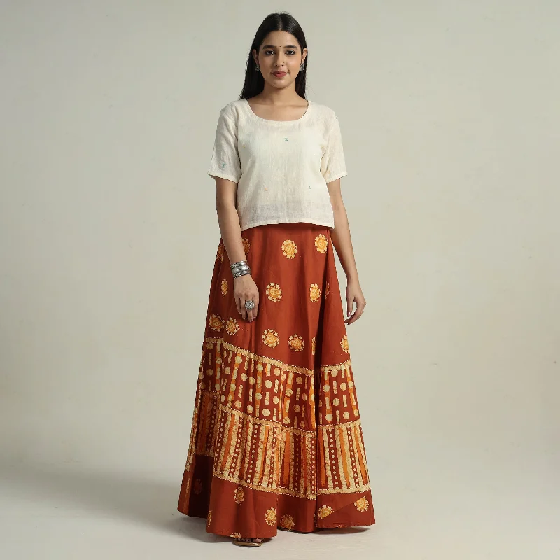 Women's Professional Garments Brown - Hand Batik Printed Running Stitch Cotton Long Skirt 03