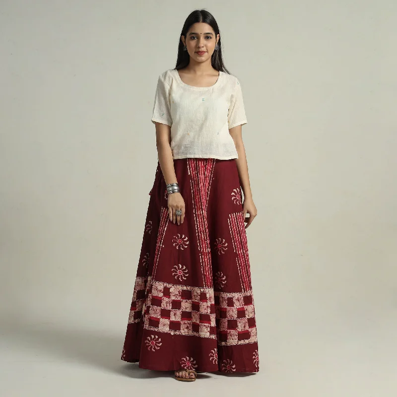 Women's Chic Outerwear Garments Maroon - Hand Batik Printed Running Stitch Cotton Long Skirt 04