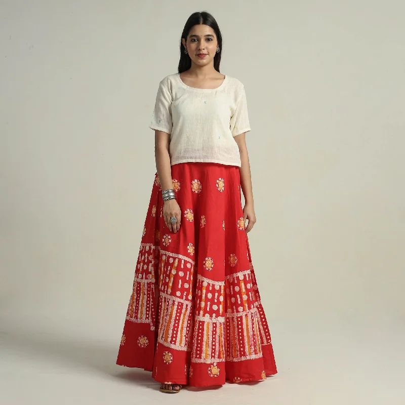 Women's Vacation Attire Red - Hand Batik Printed Running Stitch Cotton Long Skirt 19