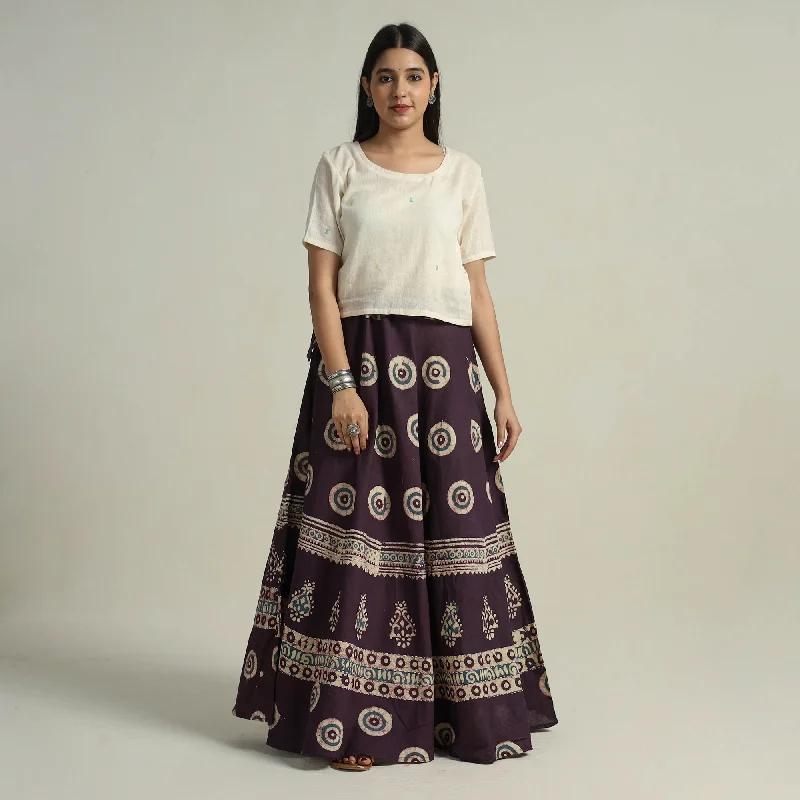 Women's Vintage Attire Purple - Hand Batik Printed Running Stitch Cotton Long Skirt 24