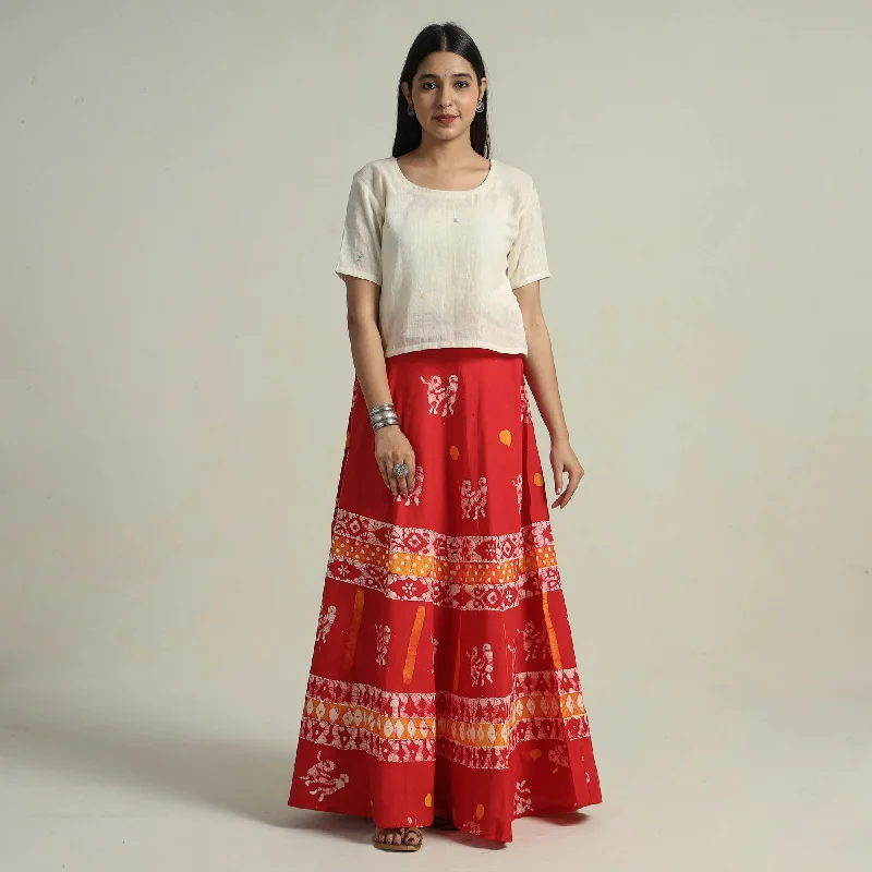 Women's Charming Outfit For Events Red - Hand Batik Printed Running Stitch Cotton Long Skirt 12