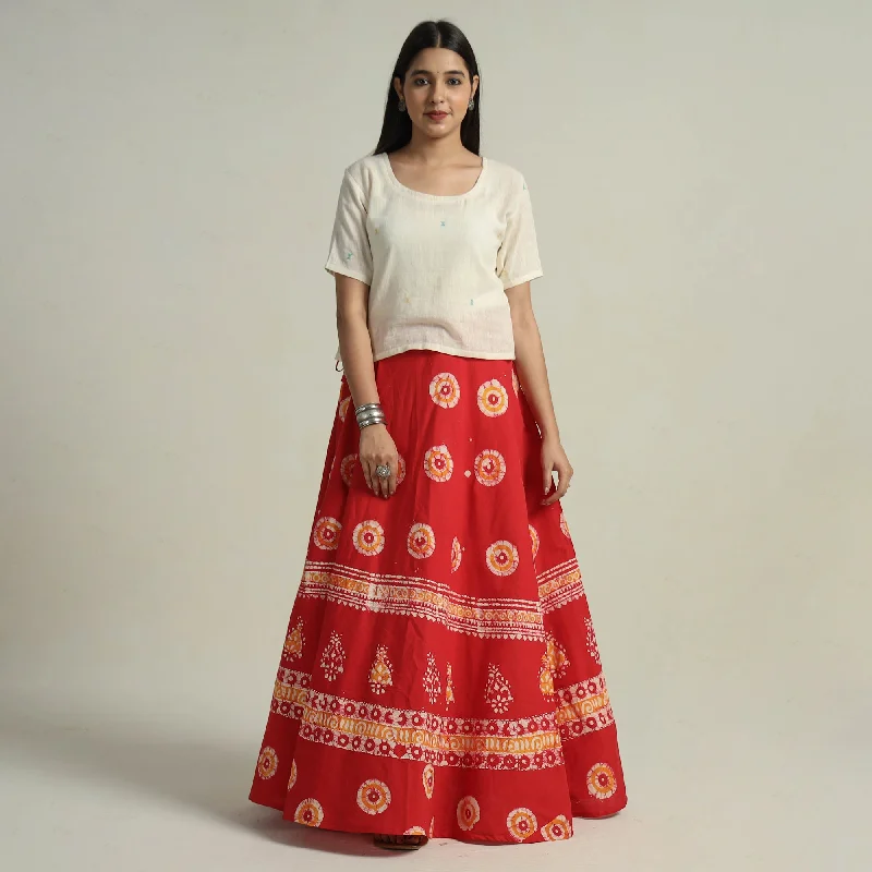 Affordable Women's Attire Red - Hand Batik Printed Running Stitch Cotton Long Skirt 17