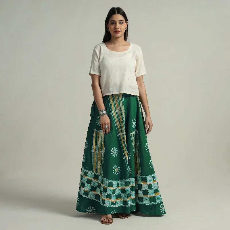 Women's Holiday Apparel Green - Hand Batik Printed Running Stitch Cotton Long Skirt 99