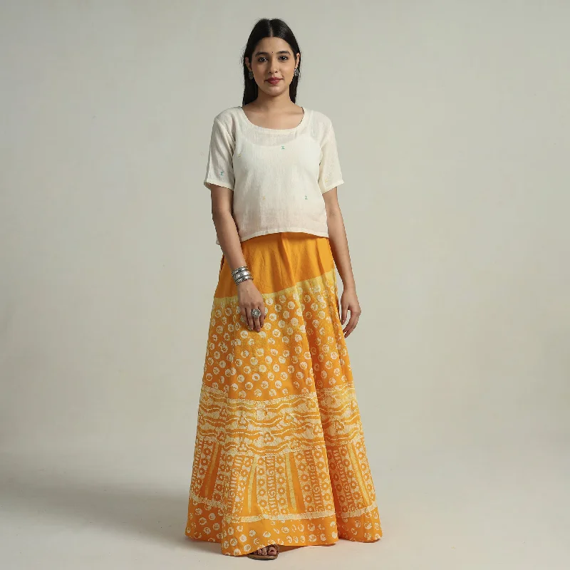 Women's Office Outfit Yellow - Hand Batik Printed Running Stitch Cotton Long Skirt 109