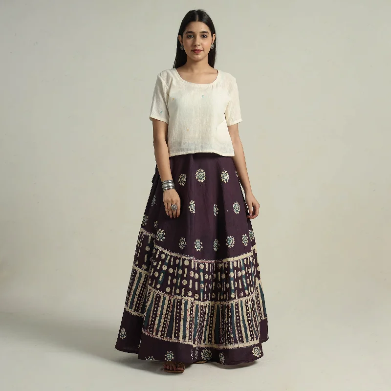 Women's Clothes And Garments Purple - Hand Batik Printed Running Stitch Cotton Long Skirt 08