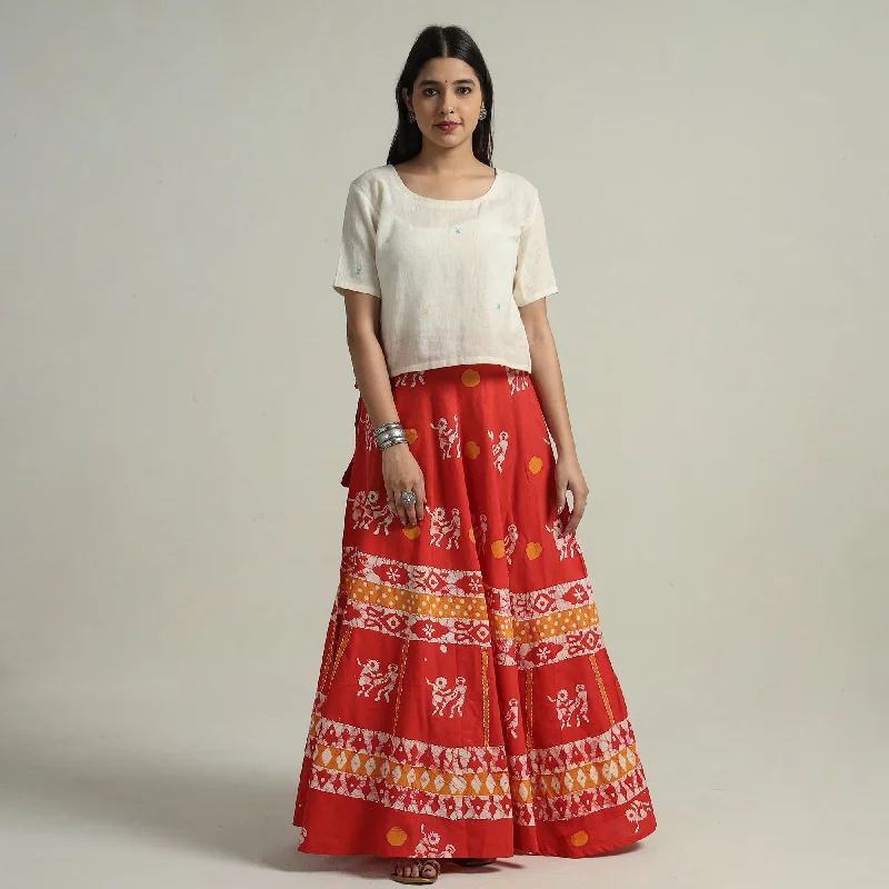 Women's Outerwear Apparel Red - Hand Batik Printed Running Stitch Cotton Long Skirt 106