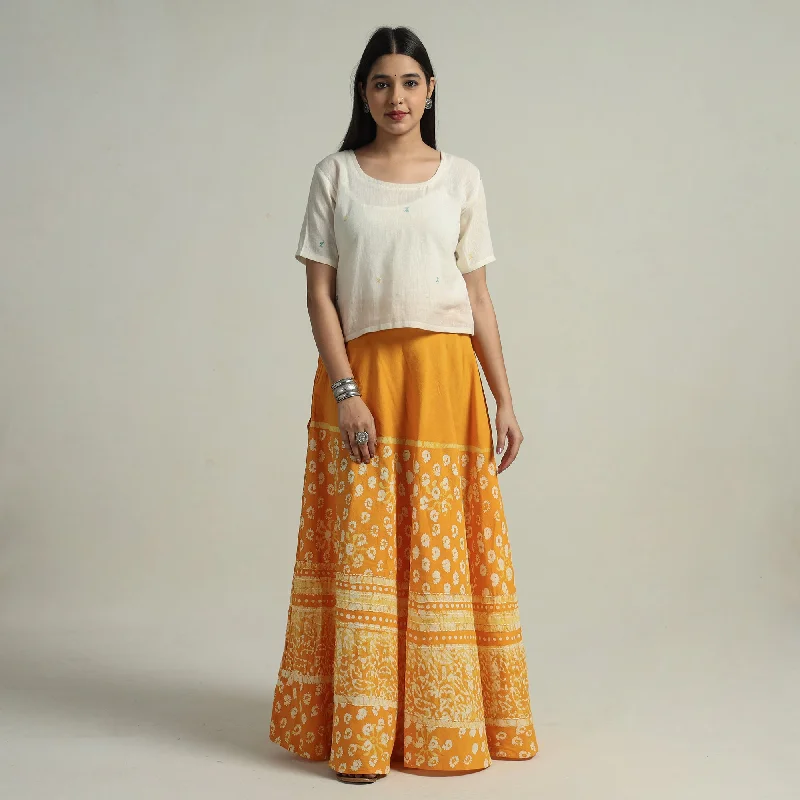 Comfortable Garments For Women Yellow - Hand Batik Printed Running Stitch Cotton Long Skirt 105