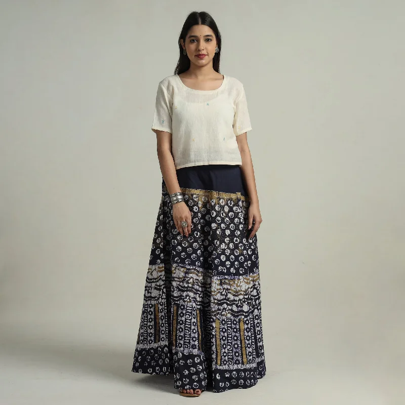 Women's Casual Attire Blue - Hand Batik Printed Running Stitch Cotton Long Skirt 107