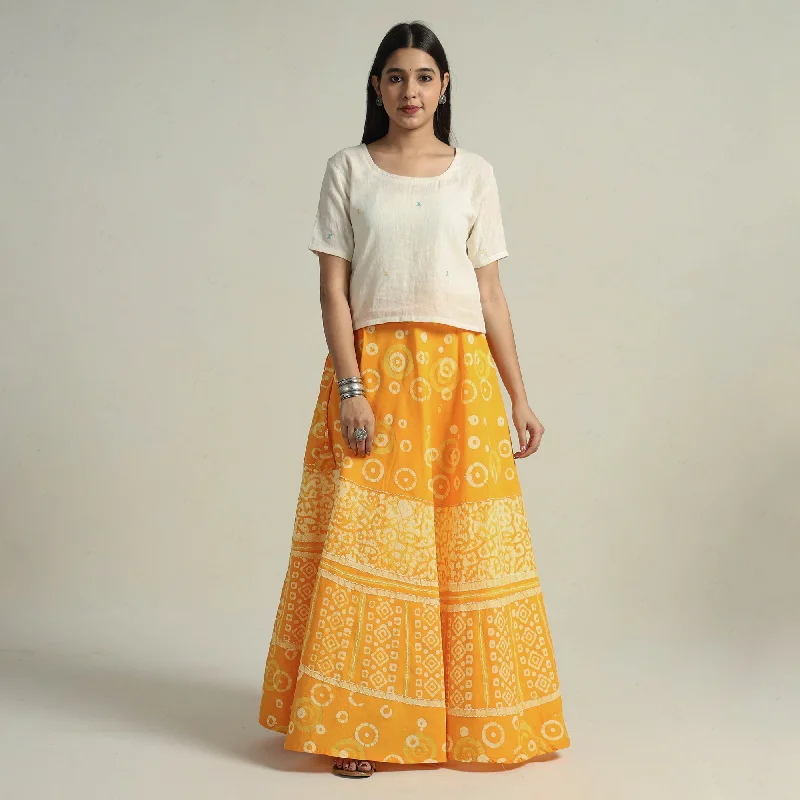 Elegant Women's Evening Garments Yellow - Hand Batik Printed Running Stitch Cotton Long Skirt 07