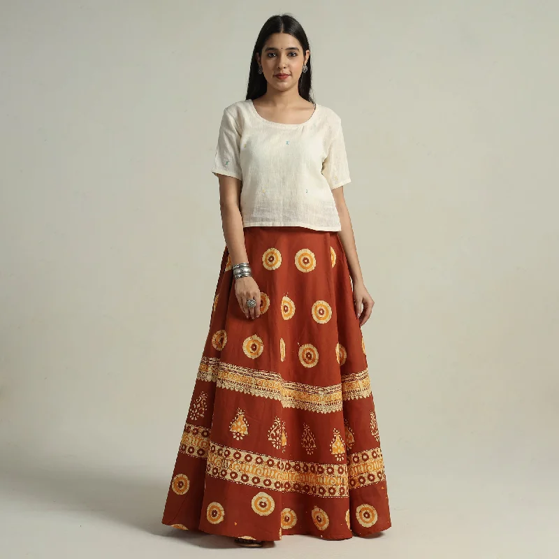 Women's Resort Attire Brown - Hand Batik Printed Running Stitch Cotton Long Skirt 06