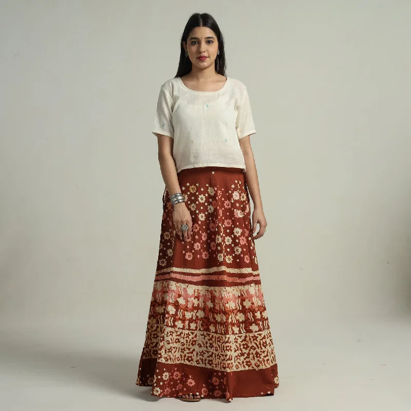 Formal Garments For Women Brown - Hand Batik Printed Running Stitch Cotton Long Skirt 114