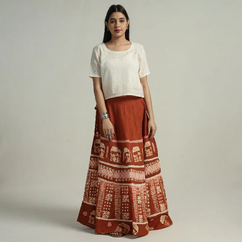 Formal Attire For Women Brown - Hand Batik Printed Running Stitch Cotton Long Skirt 111