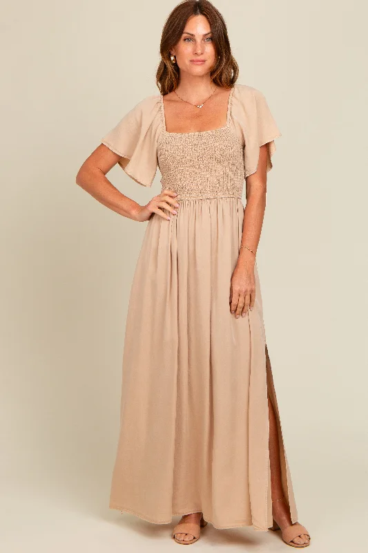 Women's Charming Outfit For Events Beige Chambray Smocked Maxi Dress