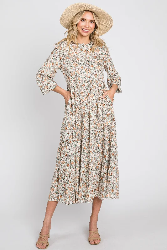 Classic Women's Clothing Styles Beige Floral Button Front Long Sleeve Tiered Midi Dress