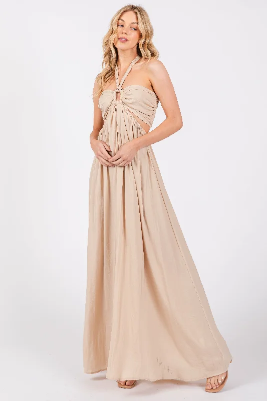 Clothes Sales Beige Halter Cutout Maxi Dress