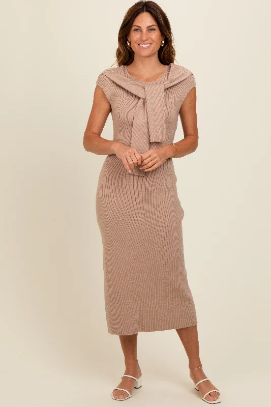 Preppy Style Beige Knit Sleeve Tie Detail Midi Dress