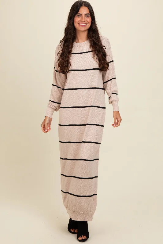 Stylish Women's Clothes for Work and Play Beige Striped Knit Drop Shoulder Midi Dress