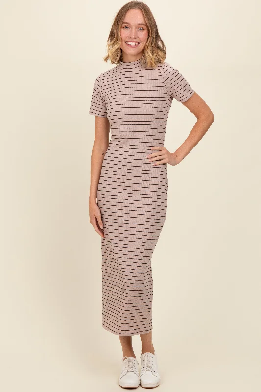 Street Style Fashion Beige Striped Mock Neck Fitted Midi Dress