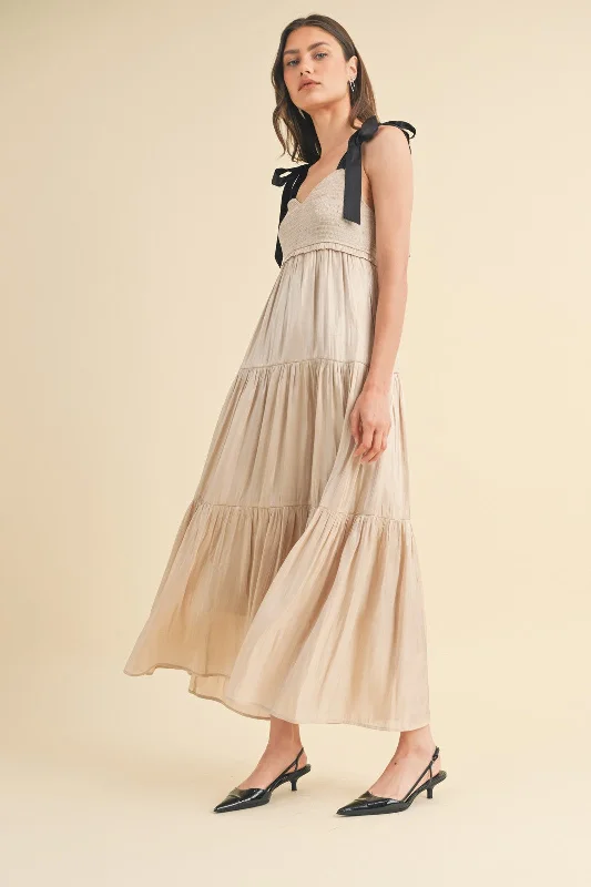 Casual Fashion Beige Tiered Satin Tie-Strap Maxi Dress