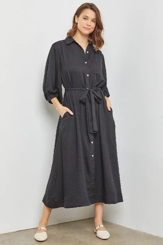 Season Sale Black Button Down Midi Dress