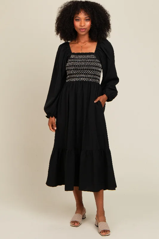 Online Boutique Stores Black Contrast Smocked Balloon Sleeve Midi Dress