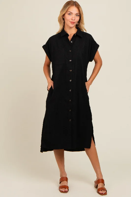 Women's Clothes And Garments Black Corduroy Button Down Midi Dress