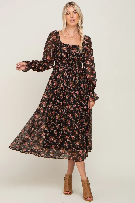 Women's Garments Black Floral Chiffon Smocked Waist Midi Dress