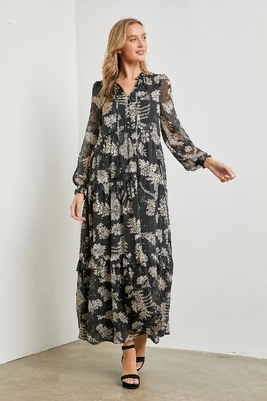 VIP Member Discount Black Floral Front Button Tiered Maxi Dress