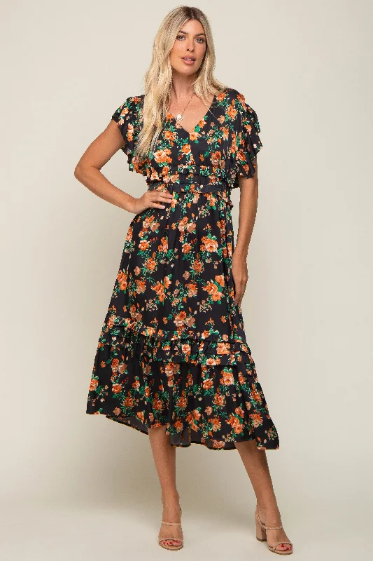 Best Online Boutiques For Women Black Floral Satin Ruffle Midi Dress