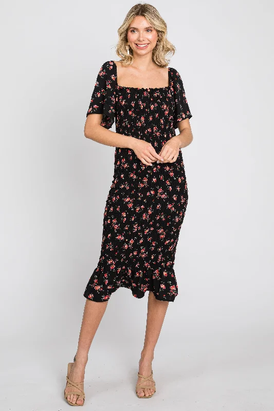 Workwear Fashion for Women Black Floral Smocked Ruffle Hem Dress