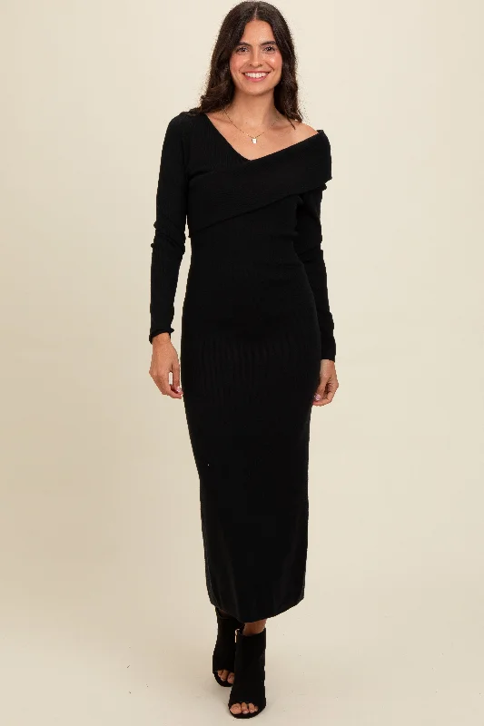 Women's Elegant Garments Black Fold Over Maxi Sweater Dress