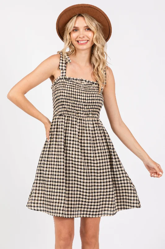 Women's Transitional Outfit Black Gingham Shoulder Tie Dress