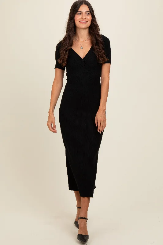 Women's Seasonal Apparel Black Knit Twisted V-Neck Maxi Dress