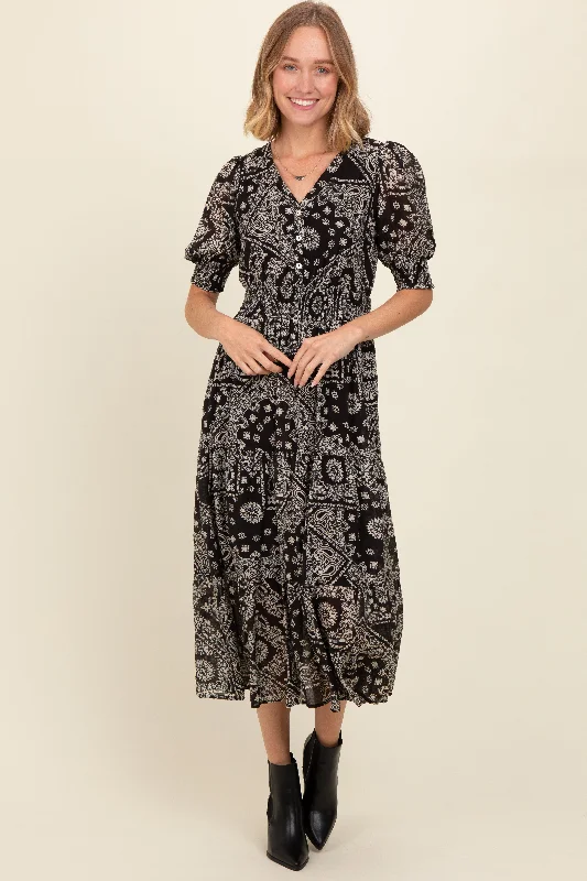 Trendy Women's Dresses Online Black Paisley Button Front V-Neck Tiered Midi Dress