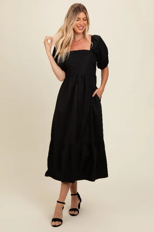 Women's Trendy Apparel Black Pleated Bodice Puff Sleeve Midi Dress