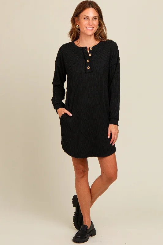 Best Online Clothing Boutiques Black Ribbed Button Accent Dress