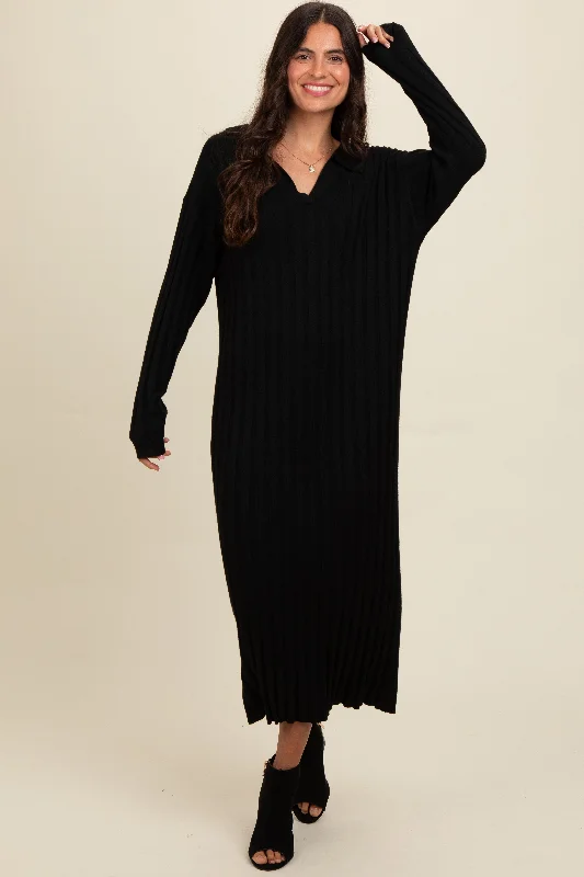 Workwear Fashion for Women Black Ribbed Collared Midi Sweater Dress