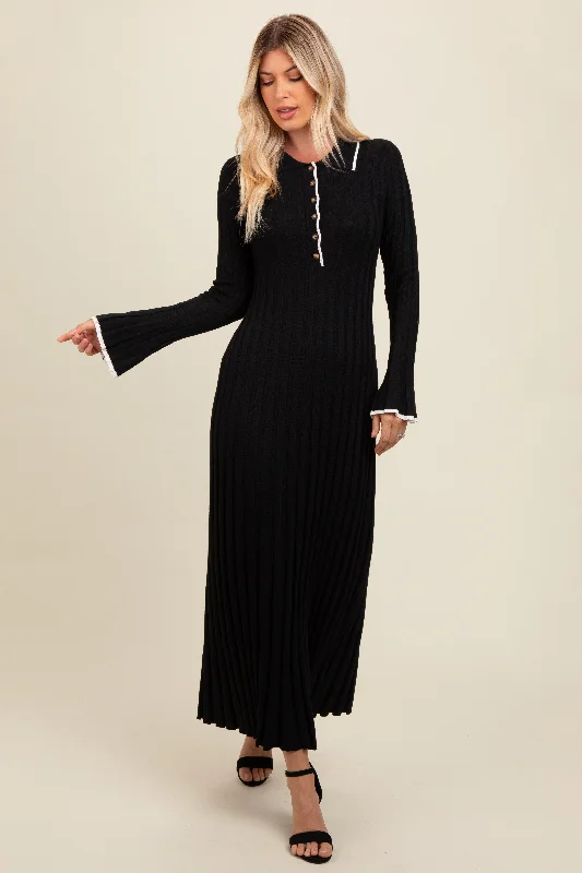 Women's Contemporary Apparel Black Ribbed Knit Collared Button Up Maxi Dress