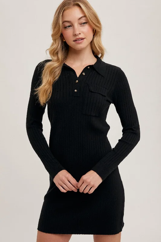 Stylish Women's Apparel Black Ribbed Knit Henley Dress