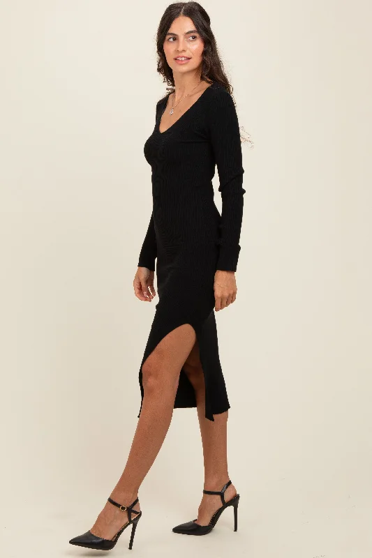 Fashion Essentials Black Ribbed Knit Side Slit Midi Dress